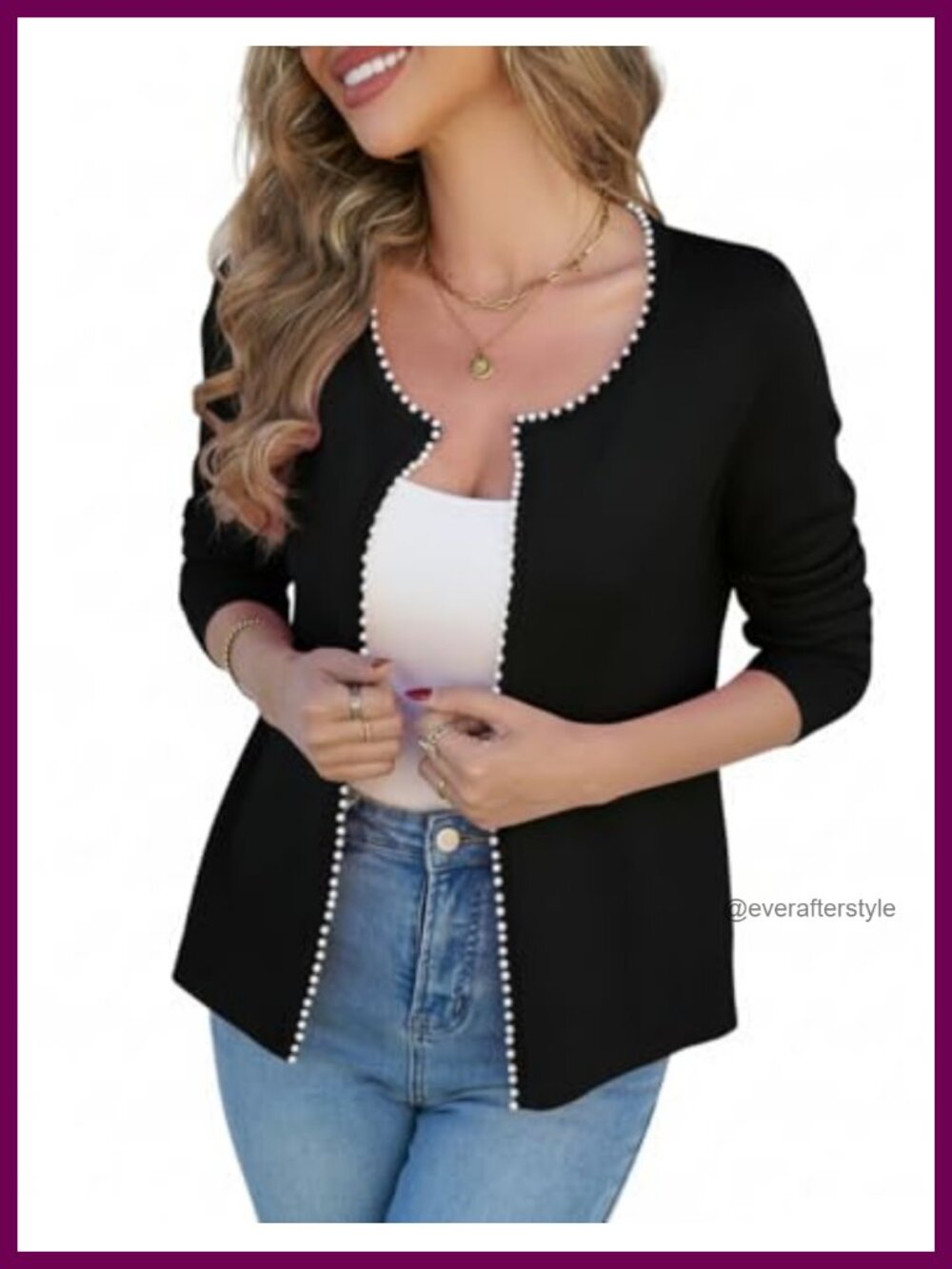 Pearl Trim Cardigan Lightweight Open Front Knit Jacket Long Sleeve Coatigan